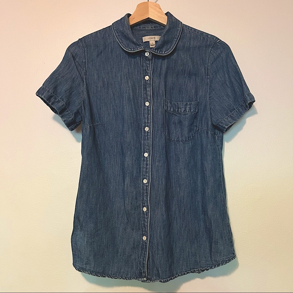 Cotton & Linen Short Sleeve Button-Up Top with Peter Pan Collar, Size 2